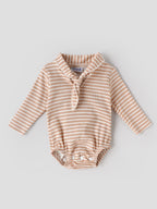 Popees Baby Boys Striped Ribbed Bodysuit with Booties Set | Soft Cotton Full Sleeve Romper| Beige & White | 0- 9 Months