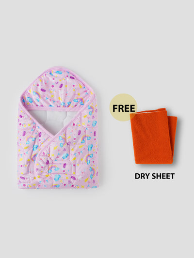 Baby Swaddle Wrap – Soft, Hooded Quilted Wrapper for Newborns & Infants (Printed Design) – Comes with a Free Dry Sheet