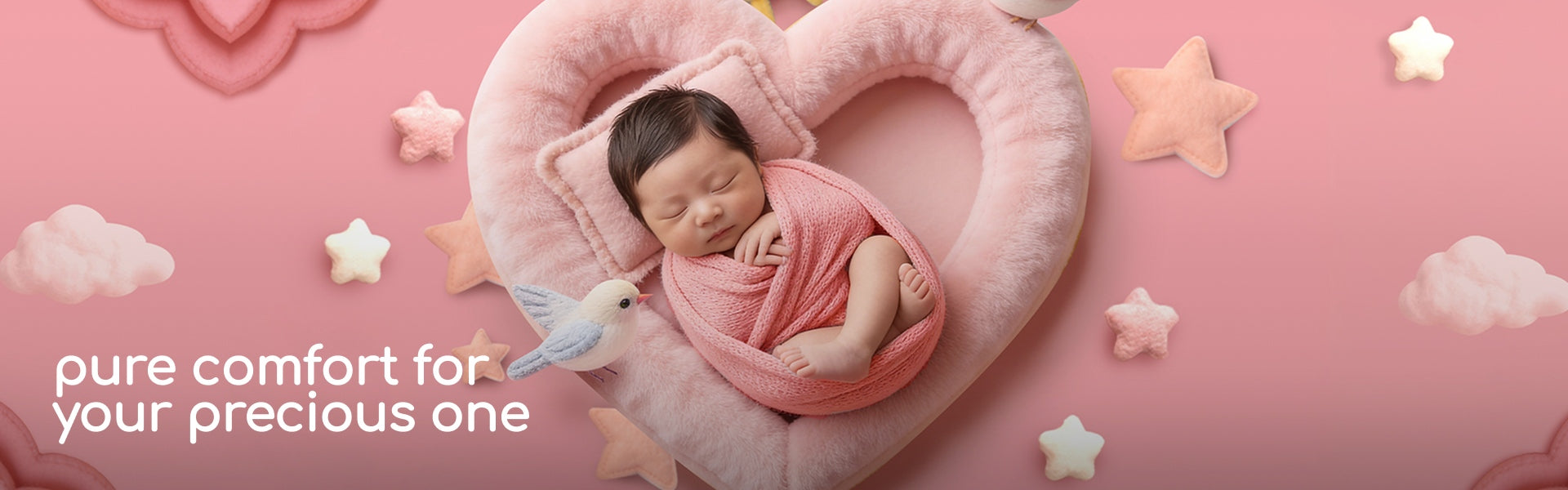 Newborn baby sleeping on a heart-shaped pink pillow with decorative stars and clouds on a pink background - Popees Baby Care