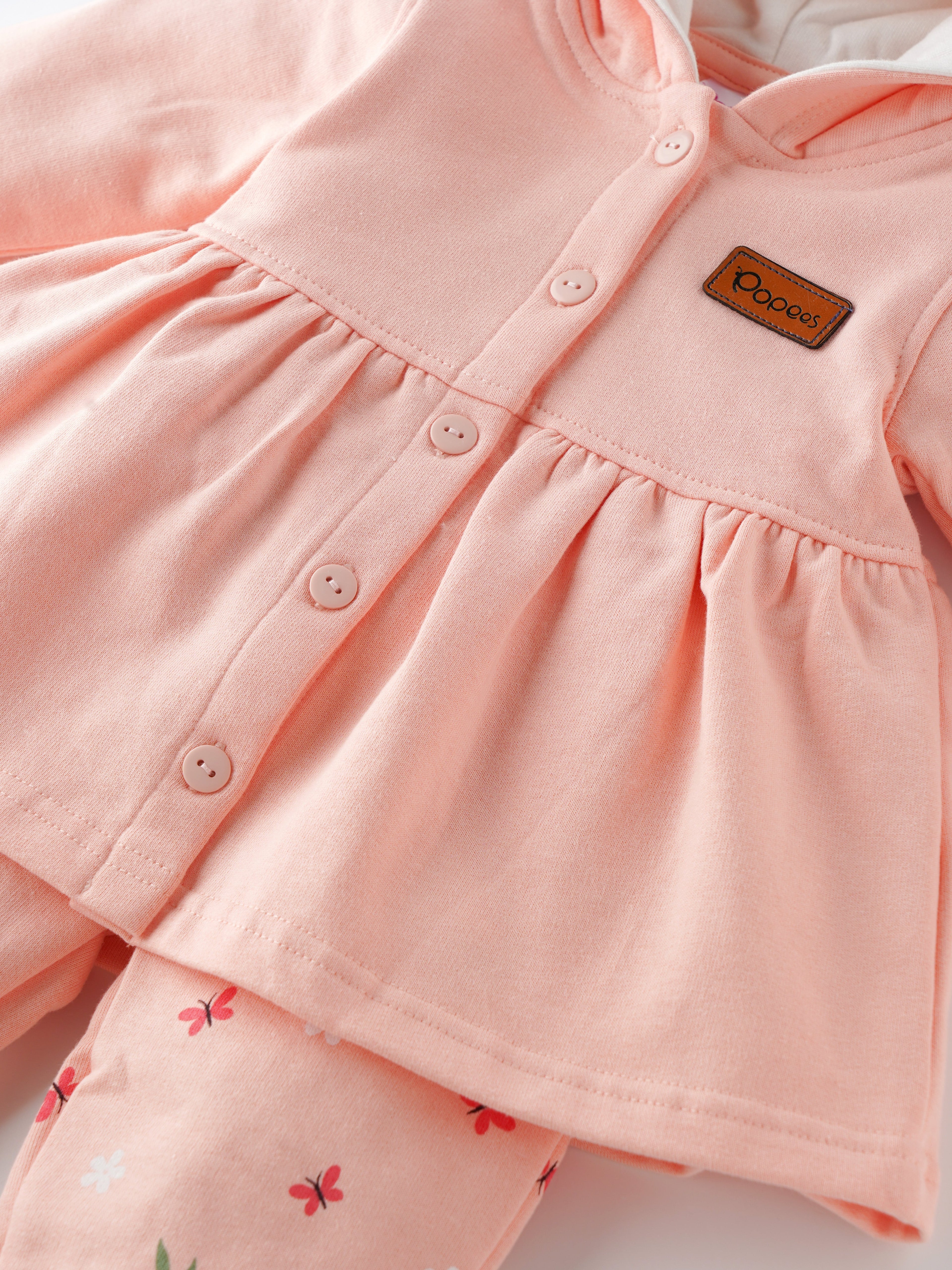 Popees Baby Girl Cotton Hooded Top & Pant Set| Peach| 3-24 Months