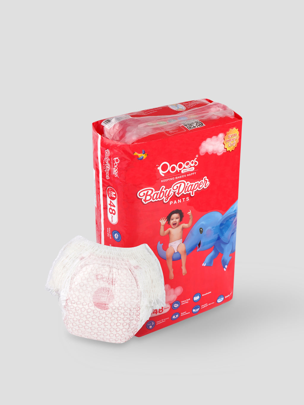 Popees Premium Pant Style Diaper - 48 PCS, Extra Soft, Breathable, Super Absorbent, Double Leakage Barrier with Elastic Waist
