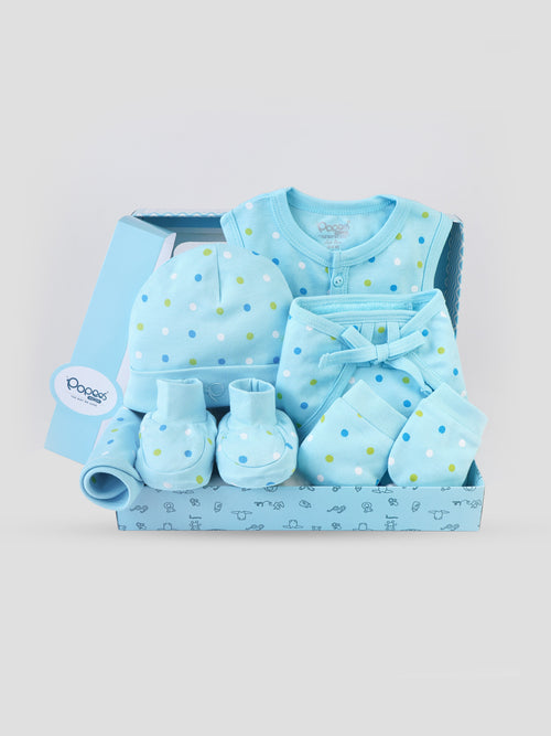 Popees 6 Piece Baby Essential Clothing Gift Set (1-6 Months) for Boys (color may vary depends on availability)