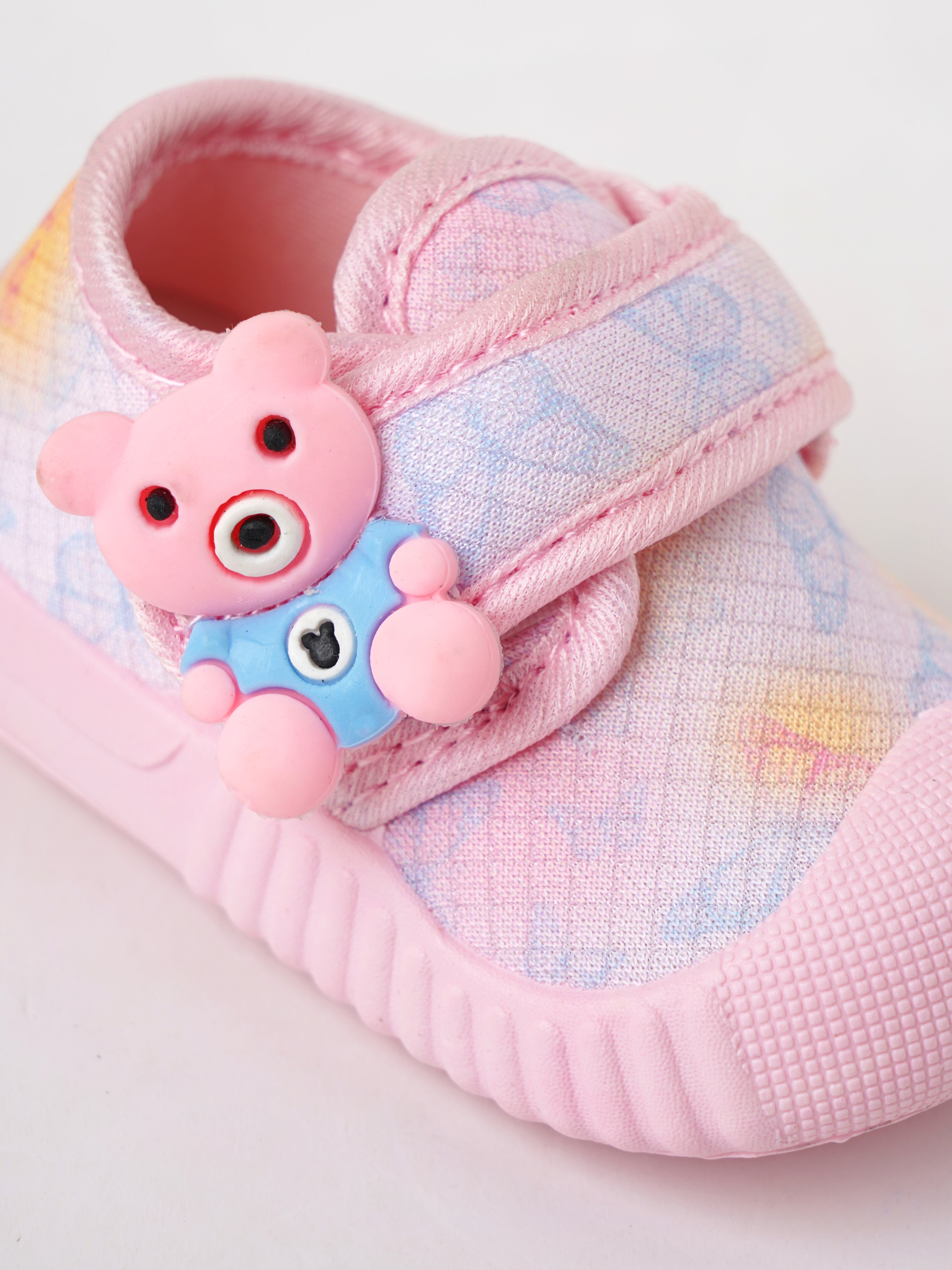 Popees Baby Unisex Soft & Stylish Velcro Strap Shoes with Comfortable Fit | Cute Teddy Bear Character Shoes for Boys & Girls | Pink